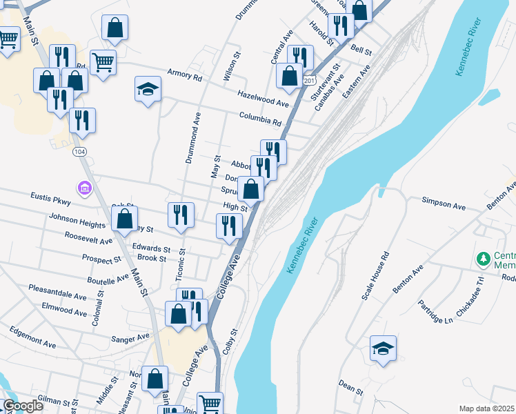 map of restaurants, bars, coffee shops, grocery stores, and more near 93 College Avenue in Waterville