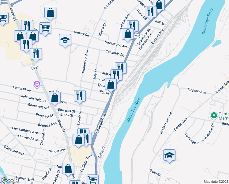 map of restaurants, bars, coffee shops, grocery stores, and more near 83 College Avenue in Waterville