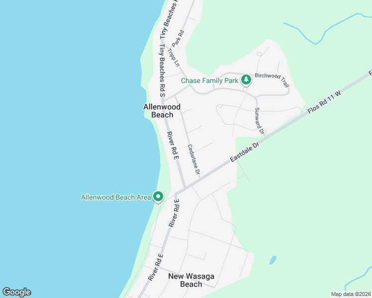 map of restaurants, bars, coffee shops, grocery stores, and more near 58 Cedarlane Drive in Wasaga Beach