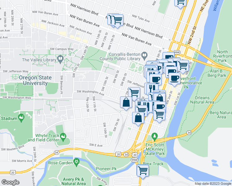 map of restaurants, bars, coffee shops, grocery stores, and more near 420 Southwest 8th Street in Corvallis