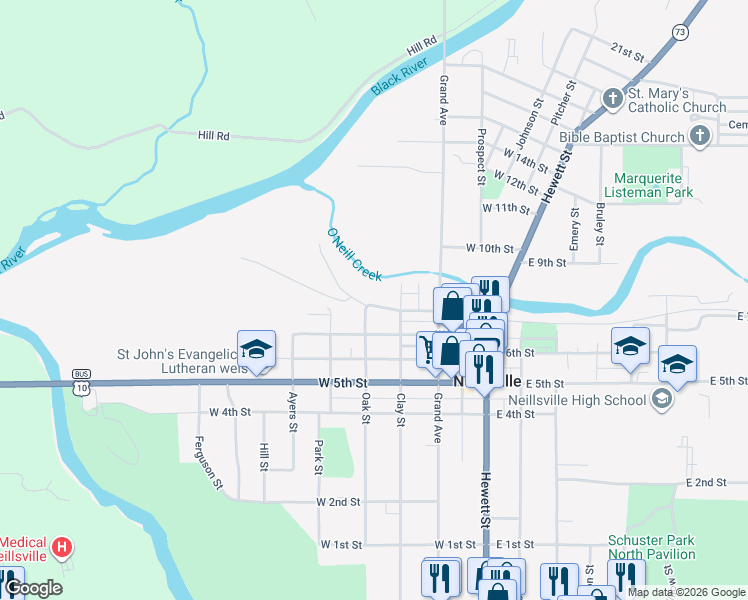 map of restaurants, bars, coffee shops, grocery stores, and more near 411 West 8th Street in Neillsville