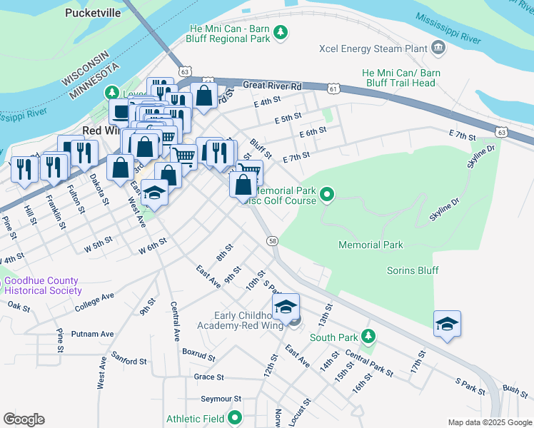 map of restaurants, bars, coffee shops, grocery stores, and more near 754 Minnesota 58 in Red Wing
