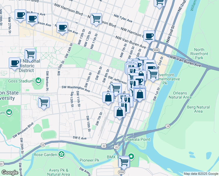 map of restaurants, bars, coffee shops, grocery stores, and more near 399 Southwest 7th Street in Corvallis