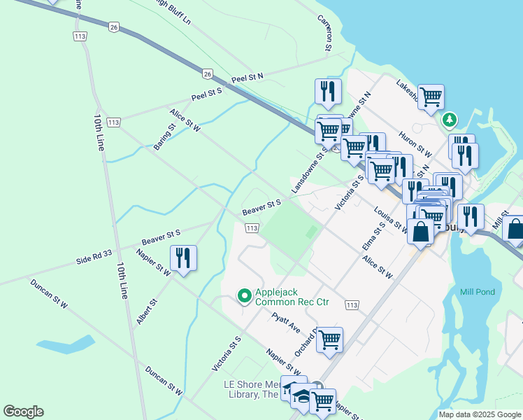map of restaurants, bars, coffee shops, grocery stores, and more near 27 Beaver Street South in Thornbury