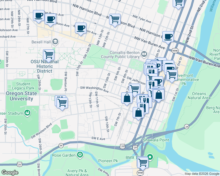 map of restaurants, bars, coffee shops, grocery stores, and more near in Corvallis