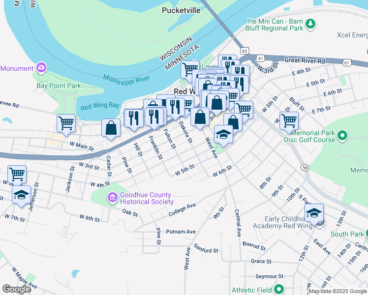 map of restaurants, bars, coffee shops, grocery stores, and more near 805 West 4th Street in Red Wing