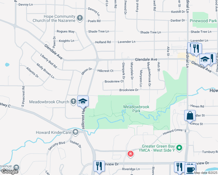 map of restaurants, bars, coffee shops, grocery stores, and more near 2913 Brookview Drive in Howard