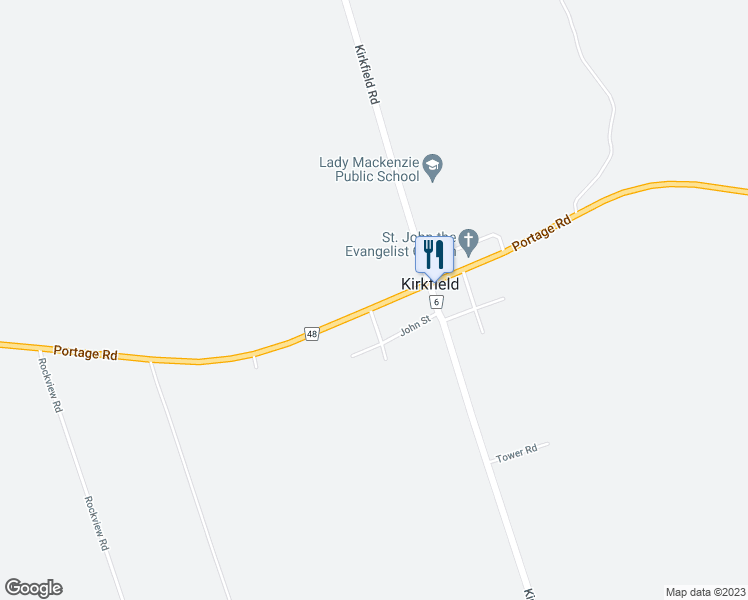 map of restaurants, bars, coffee shops, grocery stores, and more near 1005 Portage Road in Kirkfield