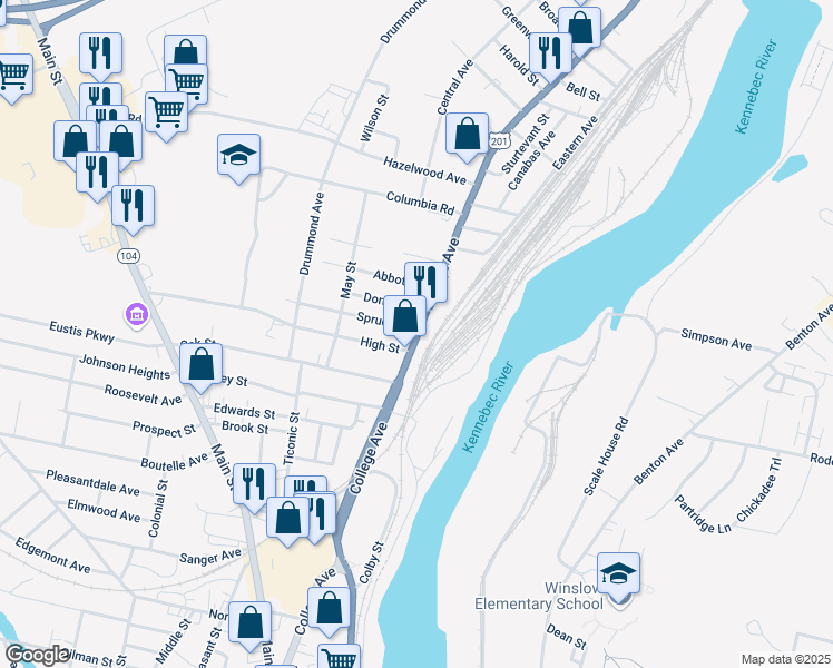 map of restaurants, bars, coffee shops, grocery stores, and more near 93 College Avenue in Waterville