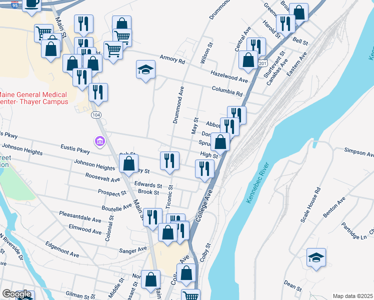 map of restaurants, bars, coffee shops, grocery stores, and more near 13 Oak Street in Waterville