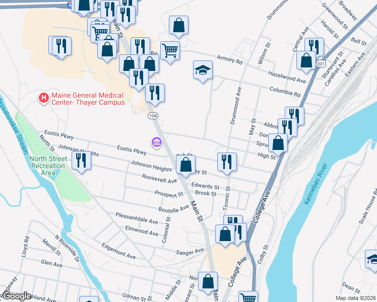 map of restaurants, bars, coffee shops, grocery stores, and more near 70 Oak Street in Waterville