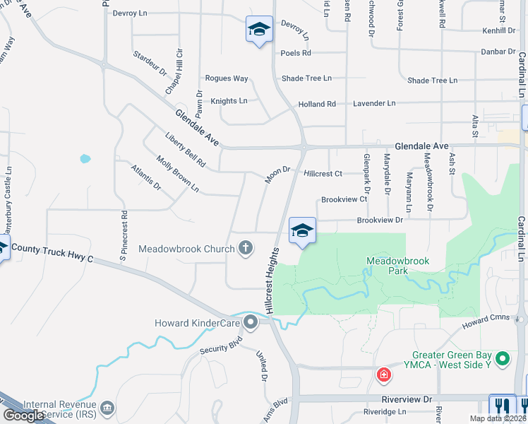 map of restaurants, bars, coffee shops, grocery stores, and more near 805 Moon Drive in Green Bay