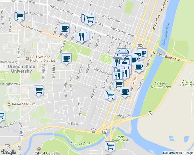 map of restaurants, bars, coffee shops, grocery stores, and more near 344 Southwest 7th Street in Corvallis