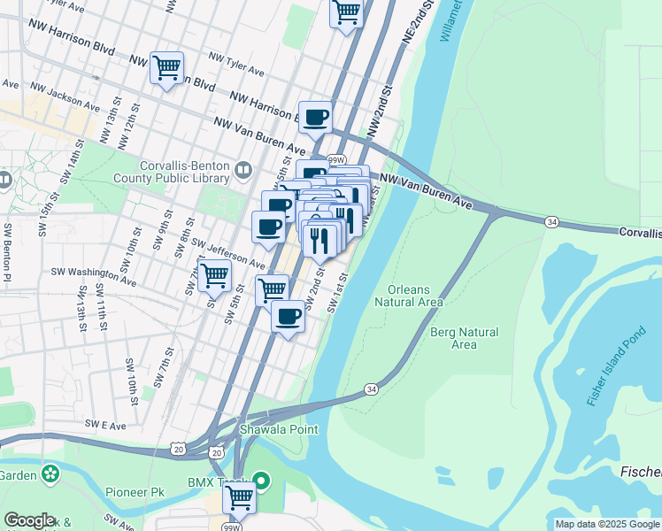 map of restaurants, bars, coffee shops, grocery stores, and more near 207 Southwest 2nd Street in Corvallis