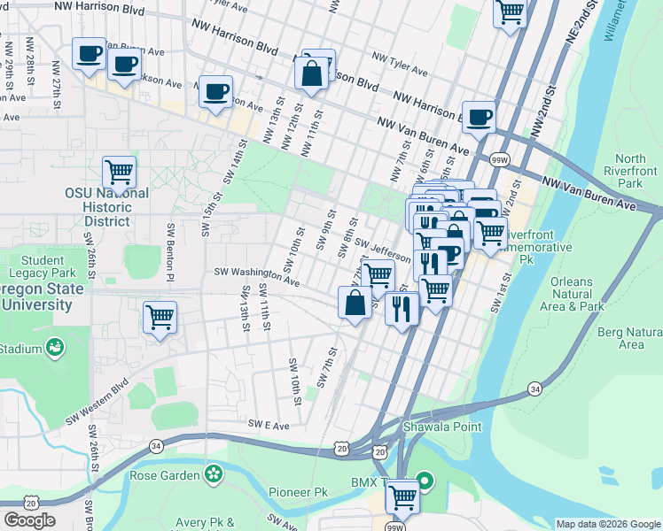 map of restaurants, bars, coffee shops, grocery stores, and more near 327 Southwest 9th Street in Corvallis