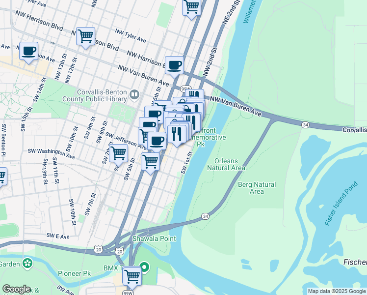 map of restaurants, bars, coffee shops, grocery stores, and more near 201 Southwest 2nd Street in Corvallis
