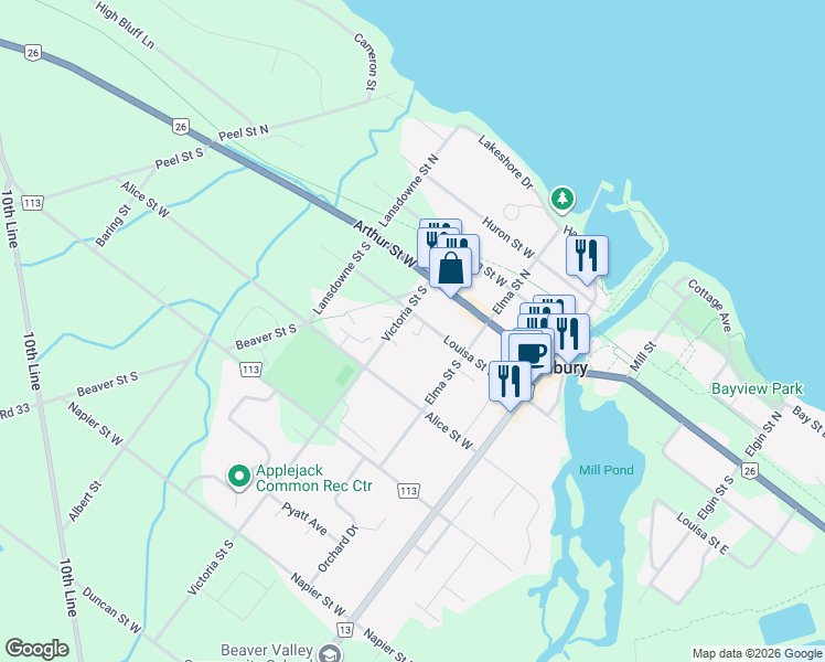 map of restaurants, bars, coffee shops, grocery stores, and more near 57 Louisa Street West in Thornbury