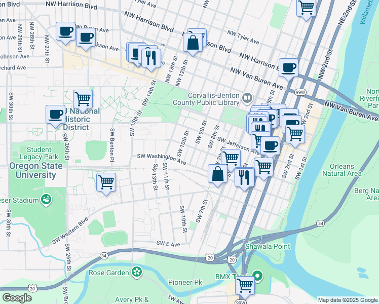 map of restaurants, bars, coffee shops, grocery stores, and more near 410 Southwest 9th Street in Corvallis