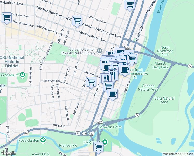 map of restaurants, bars, coffee shops, grocery stores, and more near 605 Southwest Jefferson Avenue in Corvallis