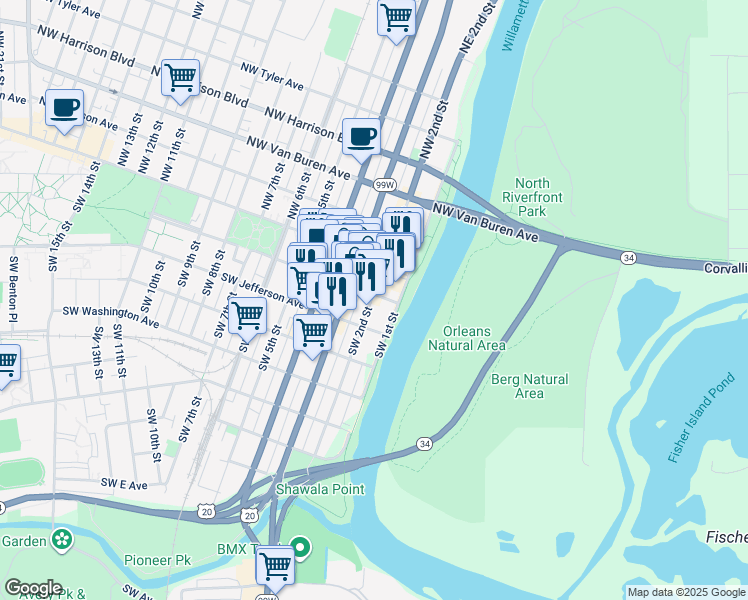 map of restaurants, bars, coffee shops, grocery stores, and more near 201 Southwest 2nd Street in Corvallis