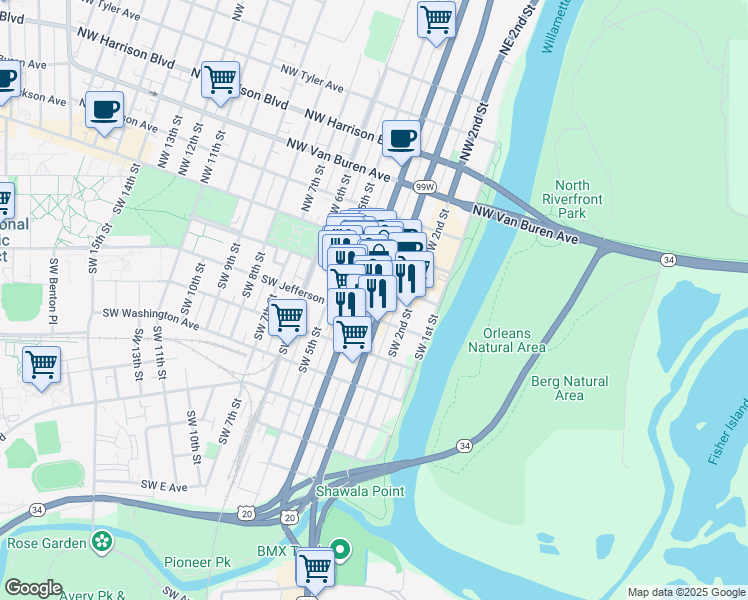 map of restaurants, bars, coffee shops, grocery stores, and more near 198 Southwest 4th Street in Corvallis
