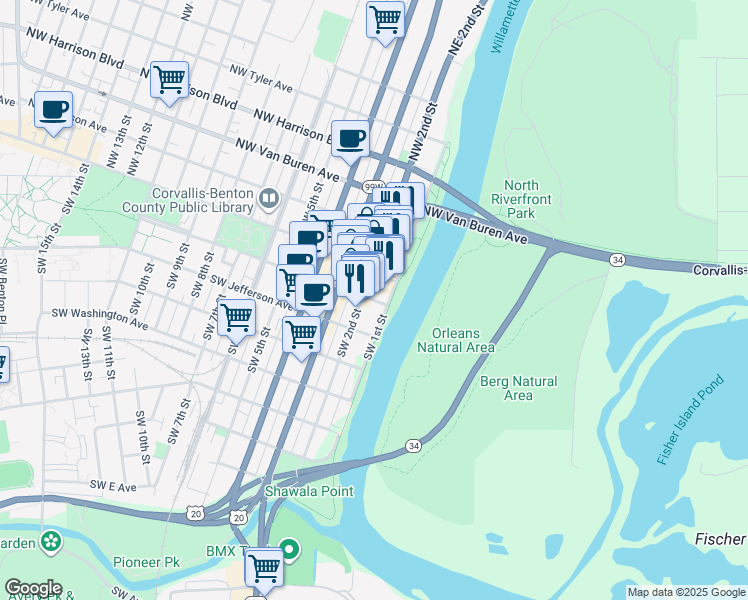map of restaurants, bars, coffee shops, grocery stores, and more near 155 Southwest Madison Avenue in Corvallis