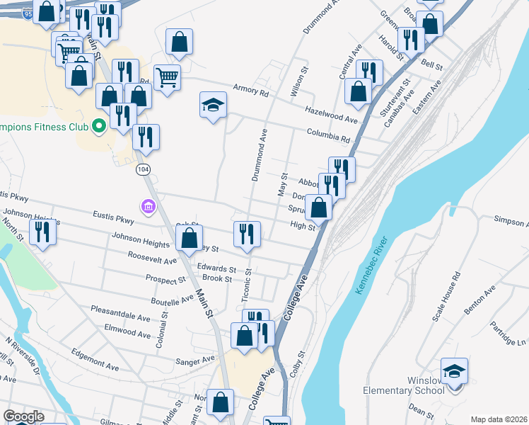 map of restaurants, bars, coffee shops, grocery stores, and more near 38 Spruce Street in Waterville