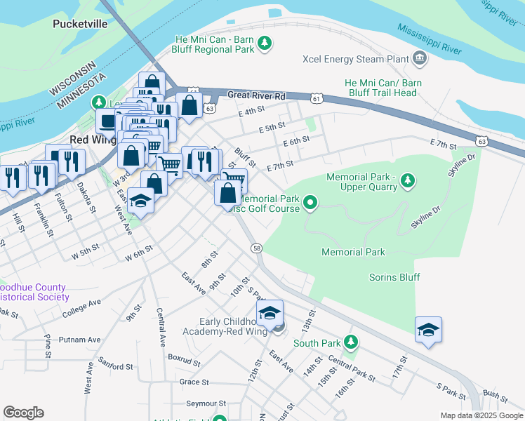 map of restaurants, bars, coffee shops, grocery stores, and more near 741 Potter Street in Red Wing