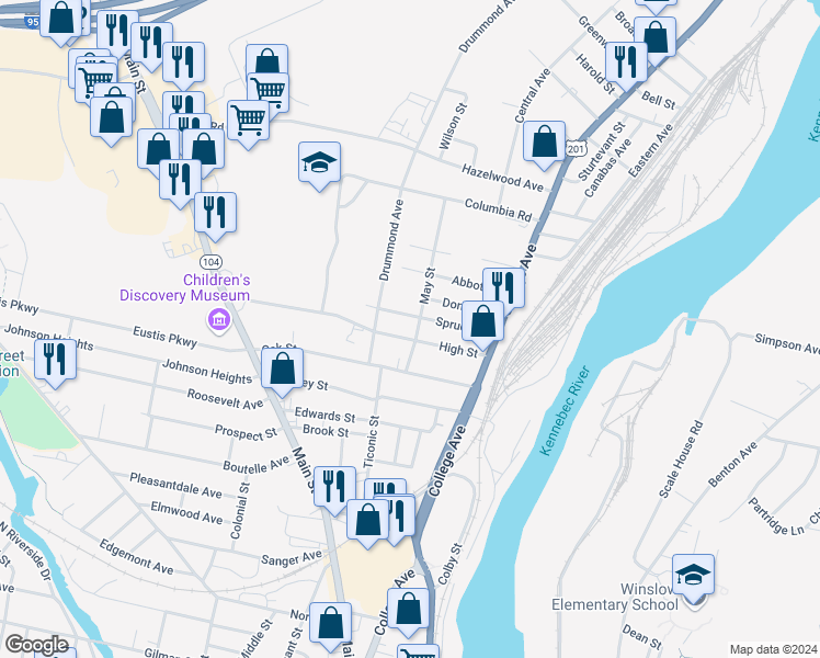 map of restaurants, bars, coffee shops, grocery stores, and more near 25 Spruce Street in Waterville