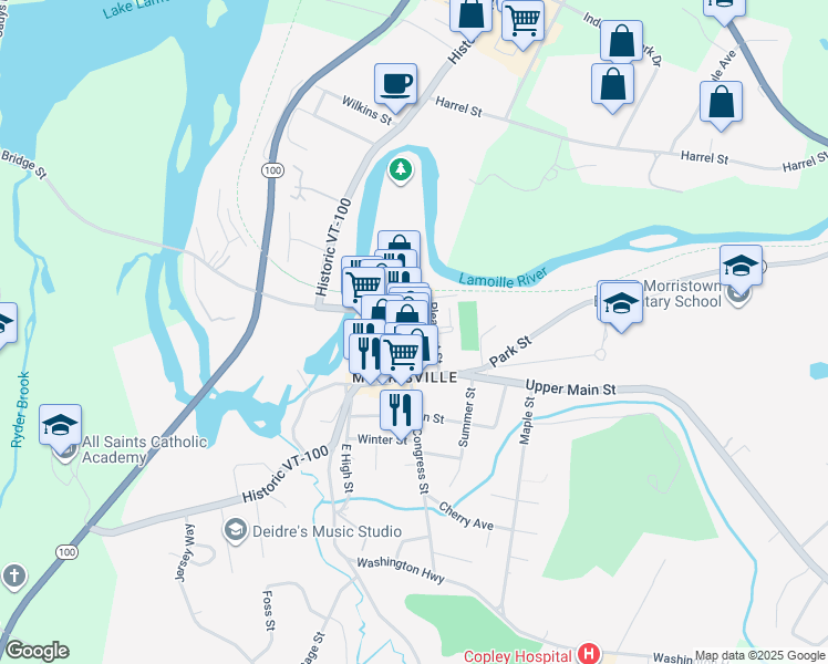 map of restaurants, bars, coffee shops, grocery stores, and more near 18 Bridge Street in Morristown