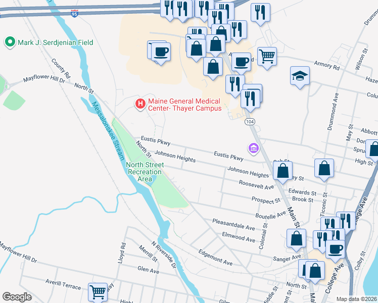map of restaurants, bars, coffee shops, grocery stores, and more near 48 Eustis Parkway in Waterville