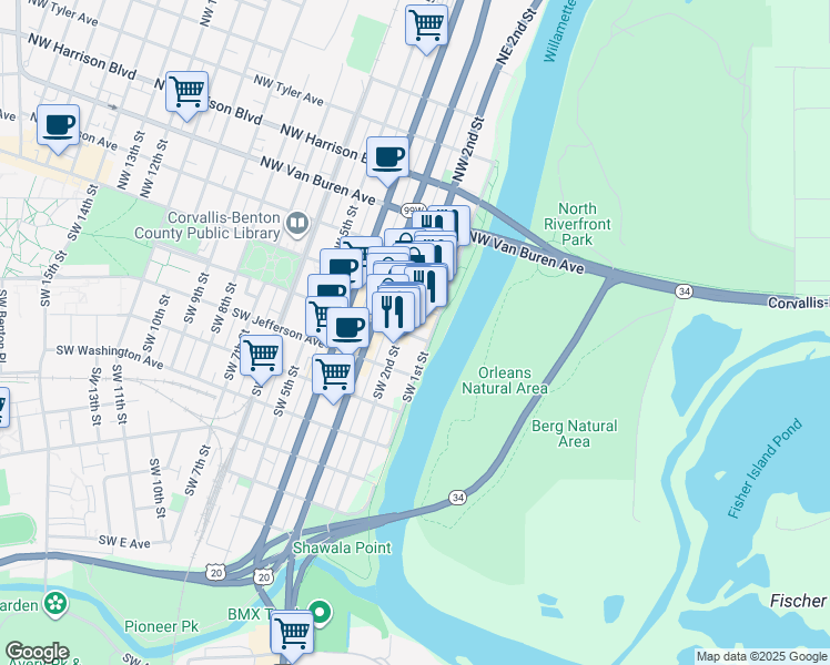 map of restaurants, bars, coffee shops, grocery stores, and more near 155 Southwest Madison Avenue in Corvallis