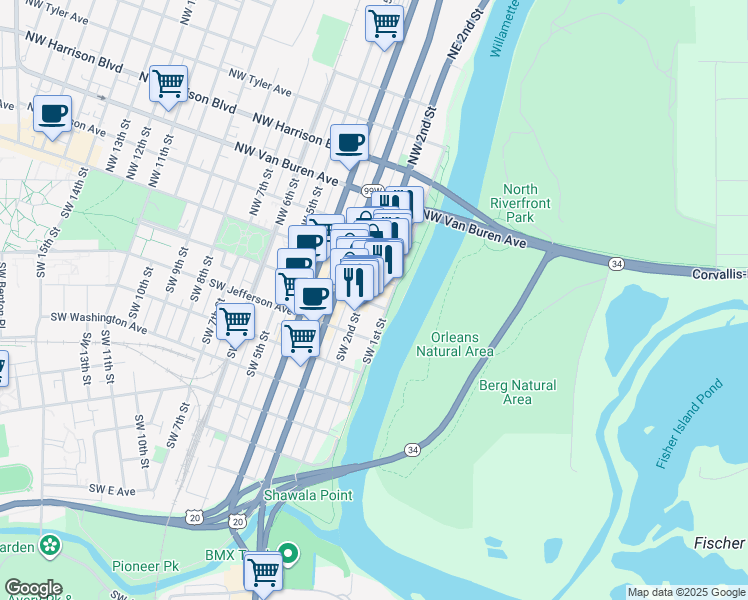map of restaurants, bars, coffee shops, grocery stores, and more near in Corvallis