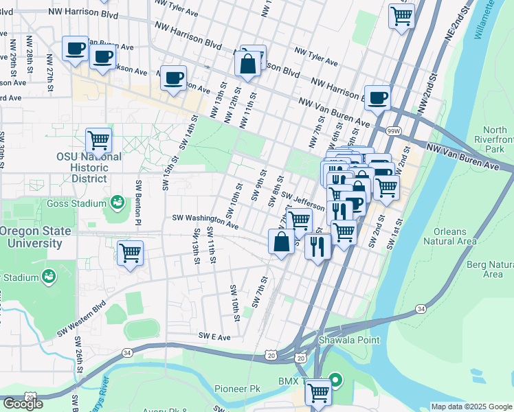 map of restaurants, bars, coffee shops, grocery stores, and more near 327 Southwest 9th Street in Corvallis