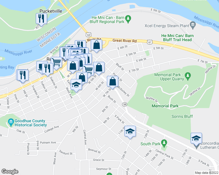 map of restaurants, bars, coffee shops, grocery stores, and more near 308 West 7th Street in Red Wing