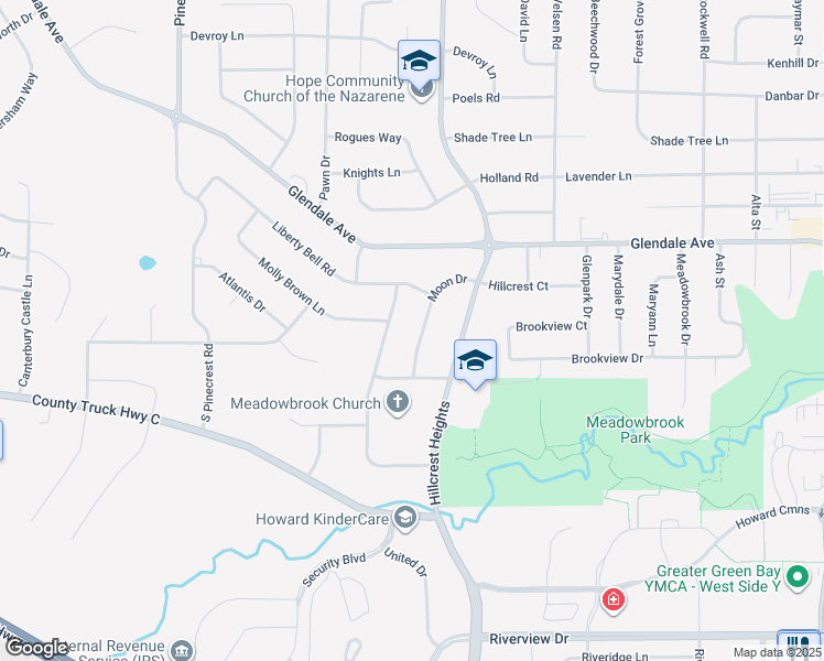 map of restaurants, bars, coffee shops, grocery stores, and more near 837 Moon Drive in Green Bay