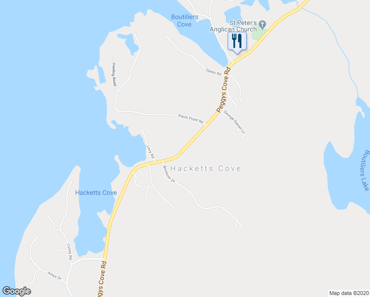 map of restaurants, bars, coffee shops, grocery stores, and more near Peggys Cove Road in Hacketts Cove
