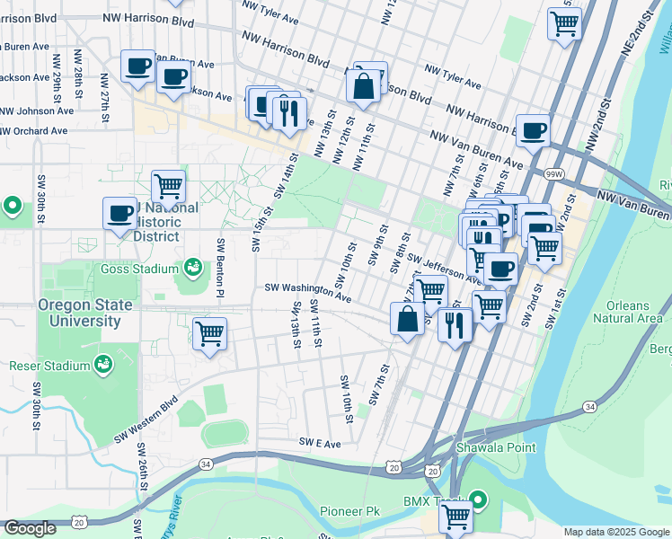 map of restaurants, bars, coffee shops, grocery stores, and more near 342 Southwest 10th Street in Corvallis