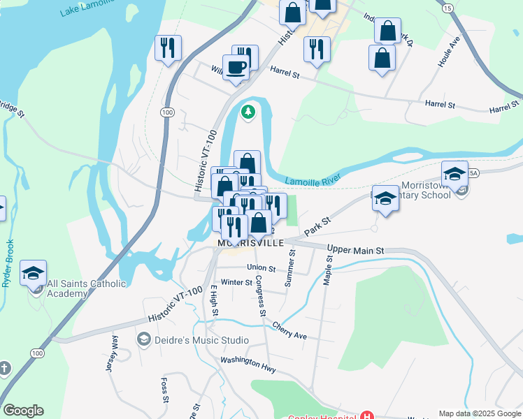 map of restaurants, bars, coffee shops, grocery stores, and more near 18 Bridge Street in Morristown