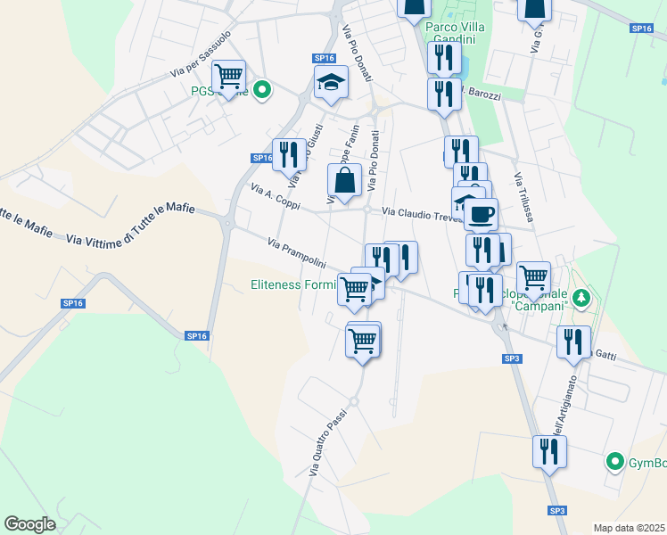 map of restaurants, bars, coffee shops, grocery stores, and more near 6 Via Prampolini in Formigine