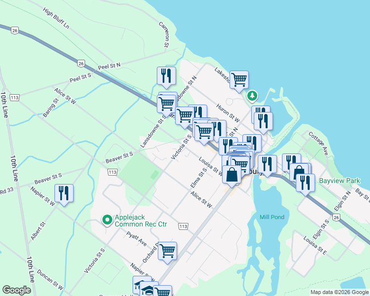 map of restaurants, bars, coffee shops, grocery stores, and more near 57 Louisa Street West in Thornbury
