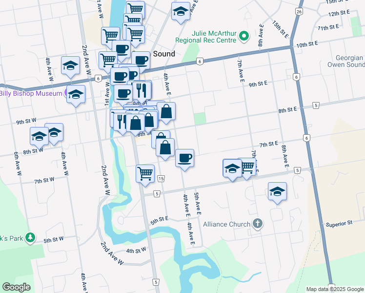 map of restaurants, bars, coffee shops, grocery stores, and more near 737 4th Avenue East in Owen Sound
