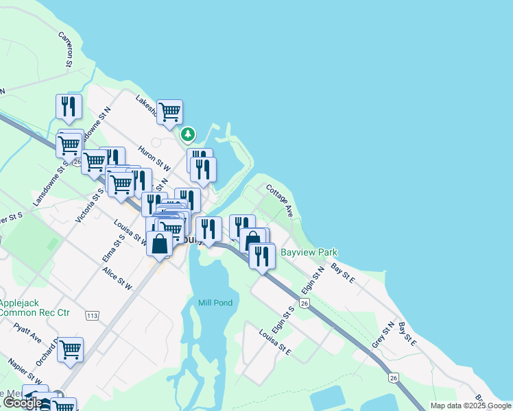 map of restaurants, bars, coffee shops, grocery stores, and more near 18 Bay Street East in The Blue Mountains