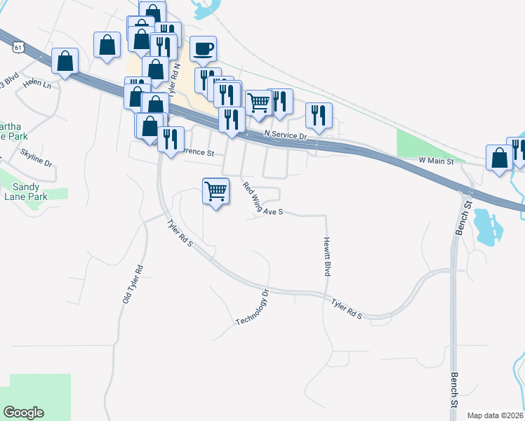 map of restaurants, bars, coffee shops, grocery stores, and more near 2916 Rivers Ridge Drive in Red Wing