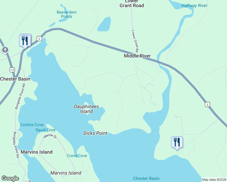 map of restaurants, bars, coffee shops, grocery stores, and more near 68 Swallows Point Road in Chester Basin