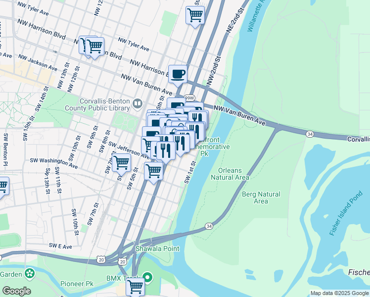 map of restaurants, bars, coffee shops, grocery stores, and more near 146 Southwest 2nd Street in Corvallis