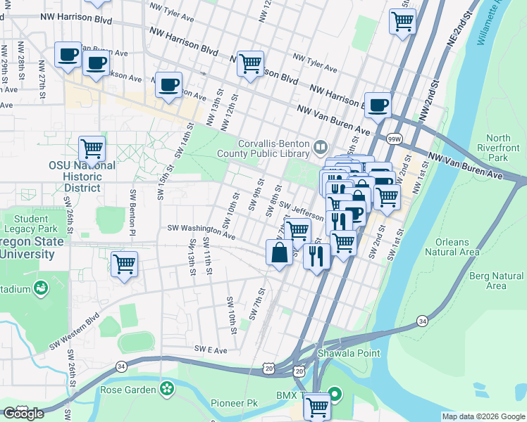 map of restaurants, bars, coffee shops, grocery stores, and more near 326 Southwest 8th Street in Corvallis