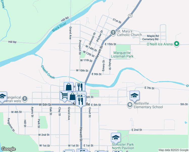 map of restaurants, bars, coffee shops, grocery stores, and more near 110 East 9th Street in Neillsville