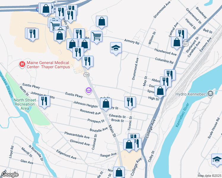 map of restaurants, bars, coffee shops, grocery stores, and more near 58 High Street in Waterville