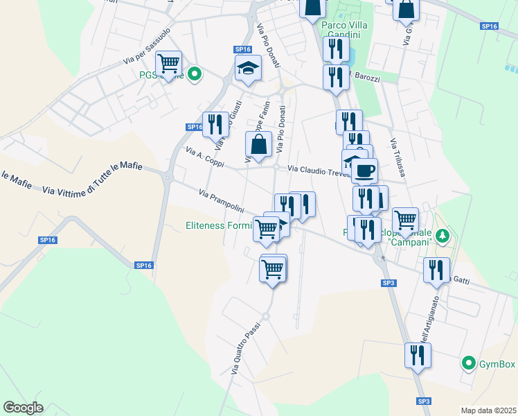 map of restaurants, bars, coffee shops, grocery stores, and more near 6 Via Prampolini in Formigine